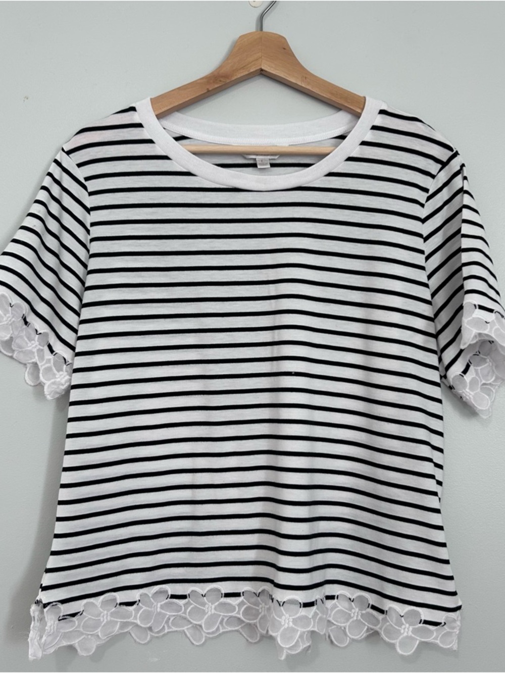 Charming Charlie Black & White Striped Short-Sleeve Top with Floral Lace Trim L